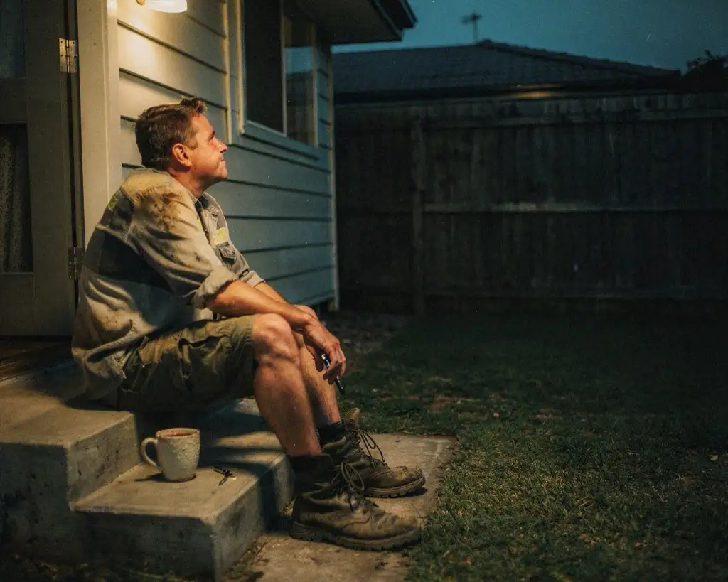 The same tradesman on the same back step at dusk, the paperwork gone, leaning back against the door frame and looking out across the yard.