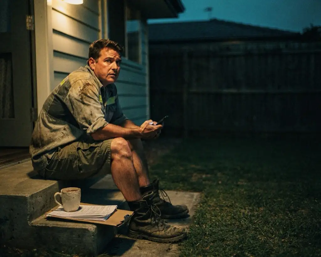 A tradesman sitting on the back step of his house at dusk in dirty work clothes, a mug and a folder of paperwork beside him, staring past the phone in his hands.