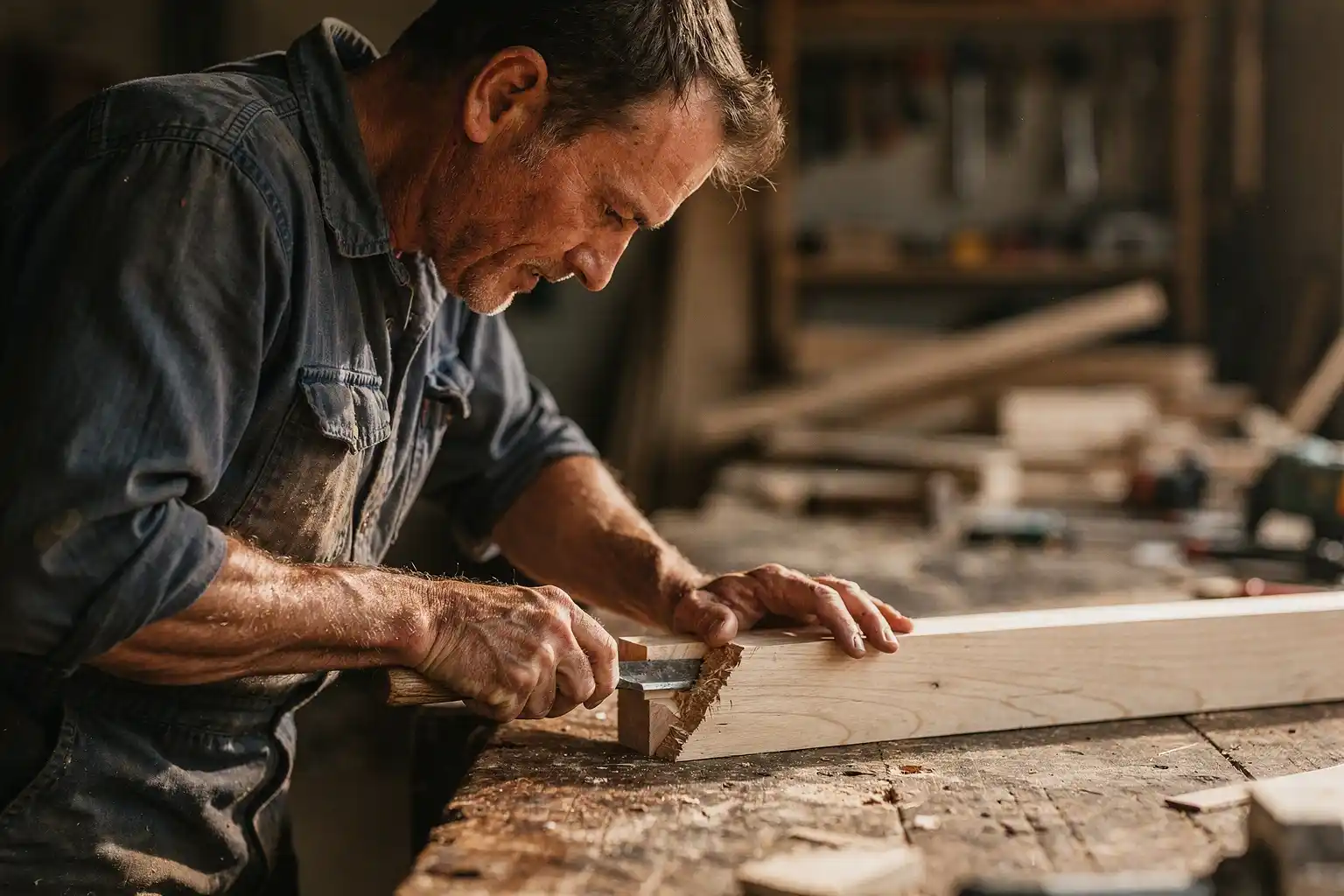 A carpenter chiselling a mortise into a length of hardwood on a workbench.