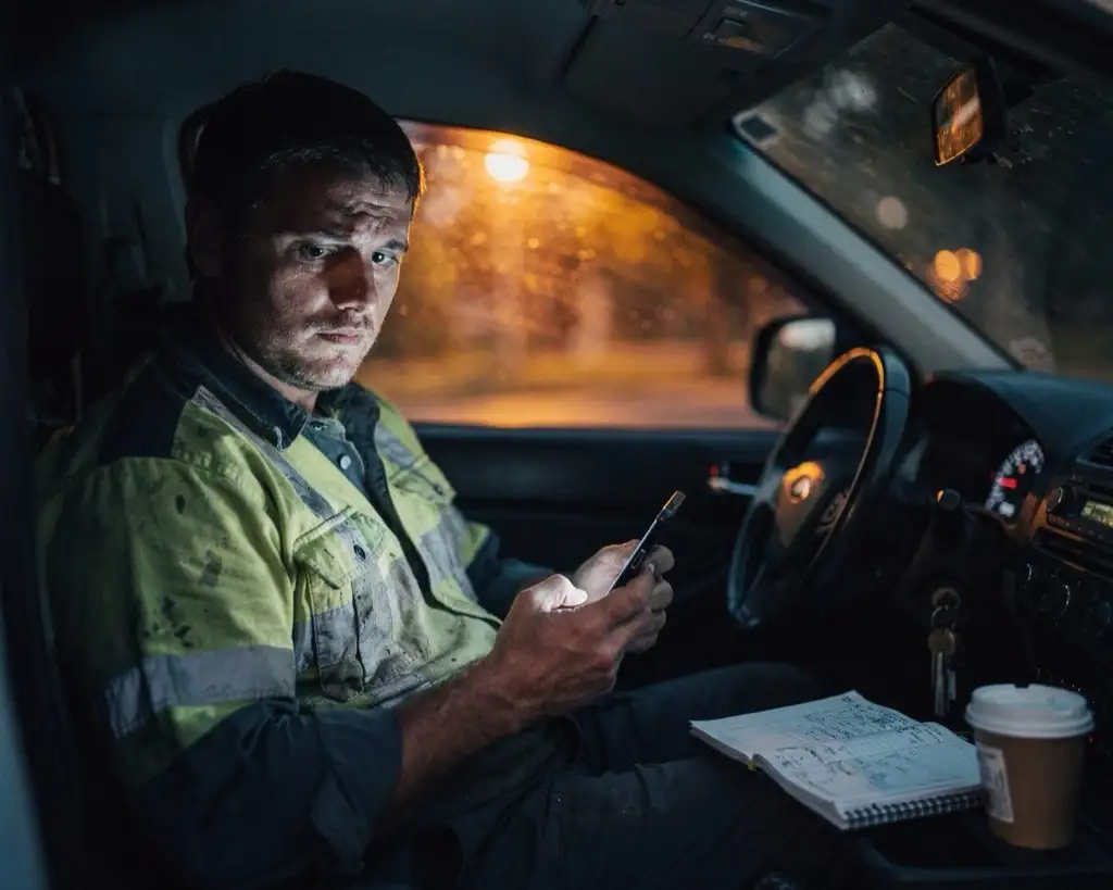 A tradesman sitting in his ute at dusk in a dusty hi-vis shirt, phone in hand, staring at it with the docket book still open on the passenger seat.