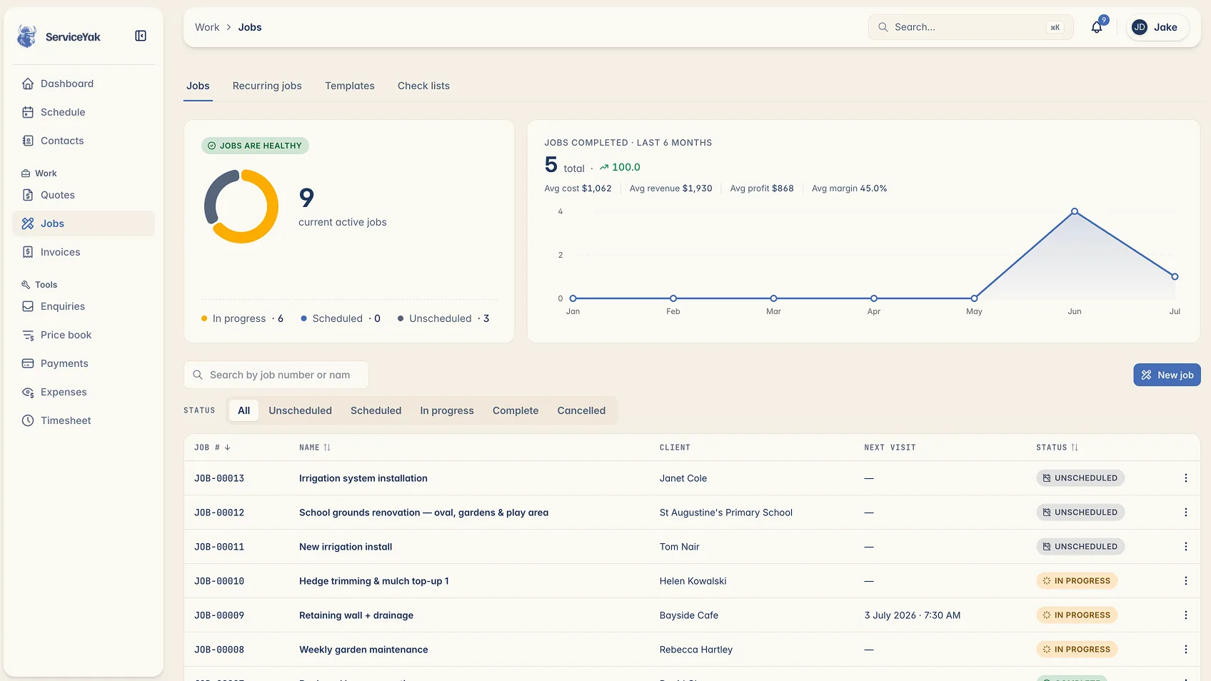 ServiceYak's jobs screen, active jobs, profit stats and the full job list
