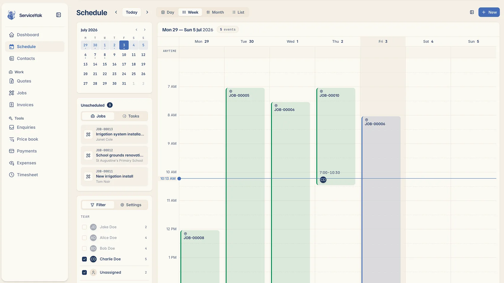 ServiceYak's week schedule, every job and crew member on one board