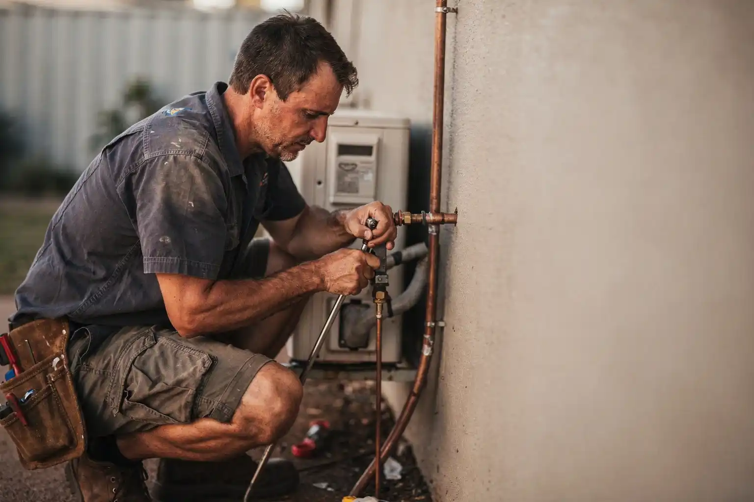 An air conditioning technician flaring a copper line at a split system install.