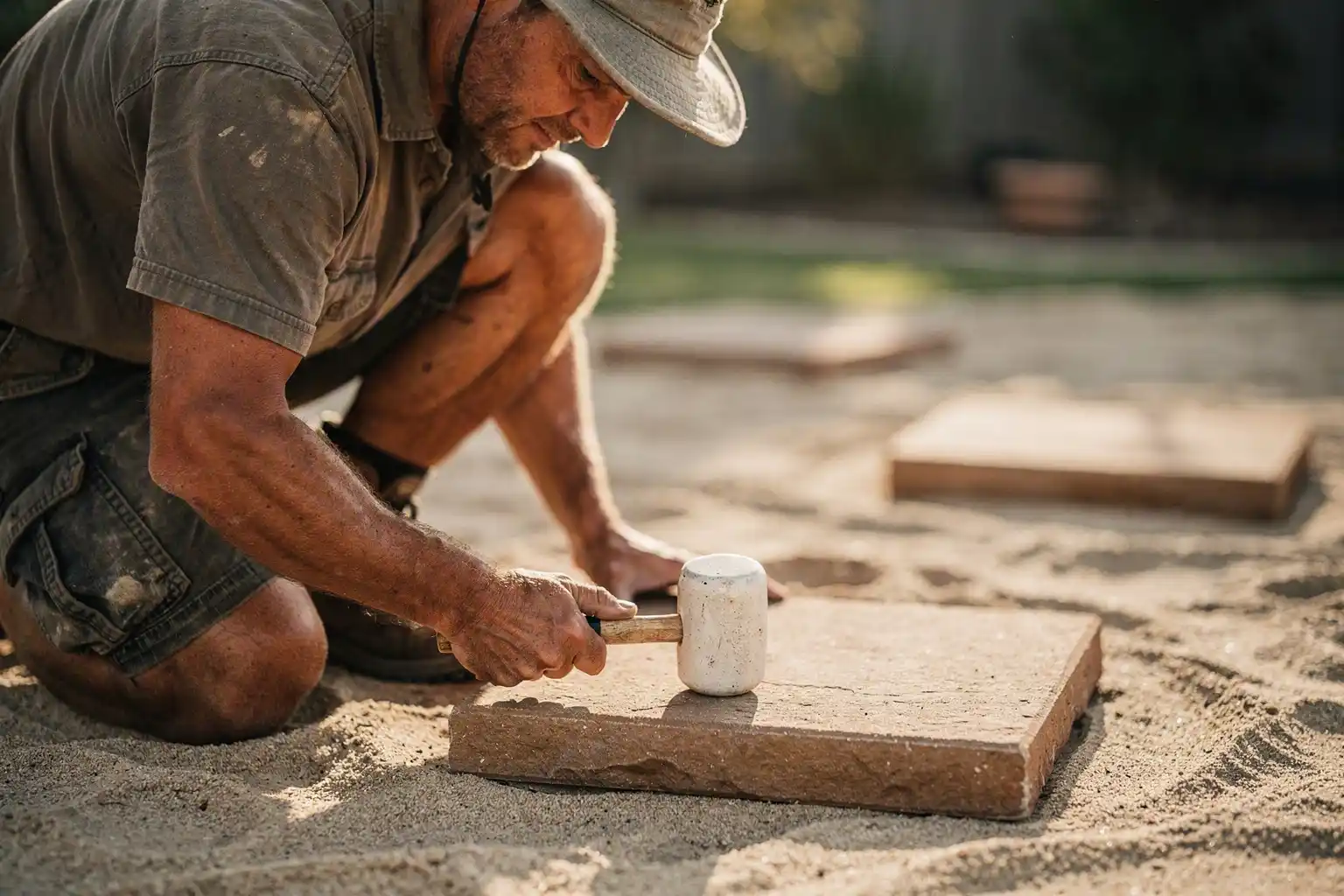 A landscaper tapping a sandstone paver level into a bed of sand.