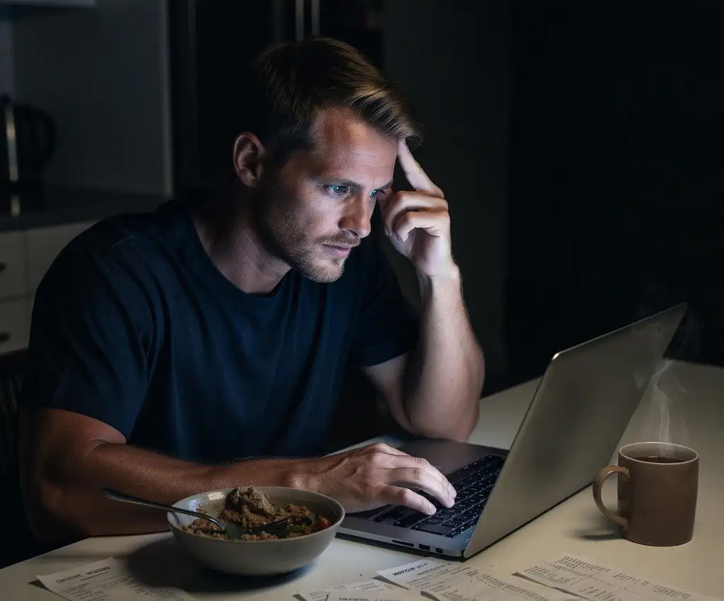 A tradesman at his kitchen table late at night, head in one hand, a half-eaten dinner gone cold beside the laptop and dockets spread across the table.
