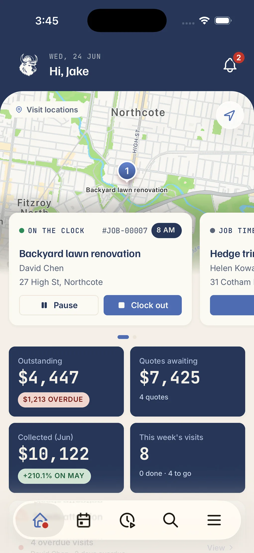 The ServiceYak app dashboard on a phone: the day's schedule and key numbers at a glance