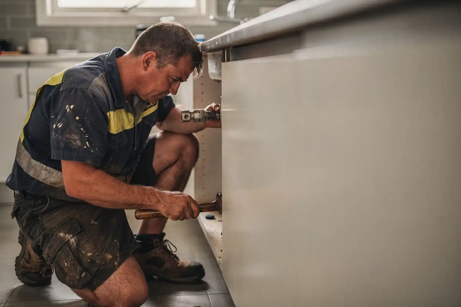 A plumber tightening a compression fitting on the pipework under a kitchen sink.