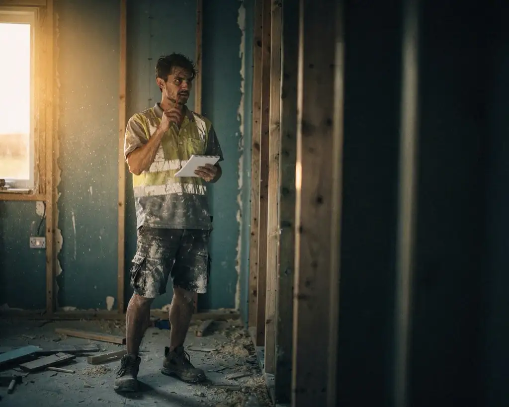A tradesman standing alone in a half-finished room in the late afternoon, notepad in one hand and a pencil against his lip, staring at the wall working out a number.