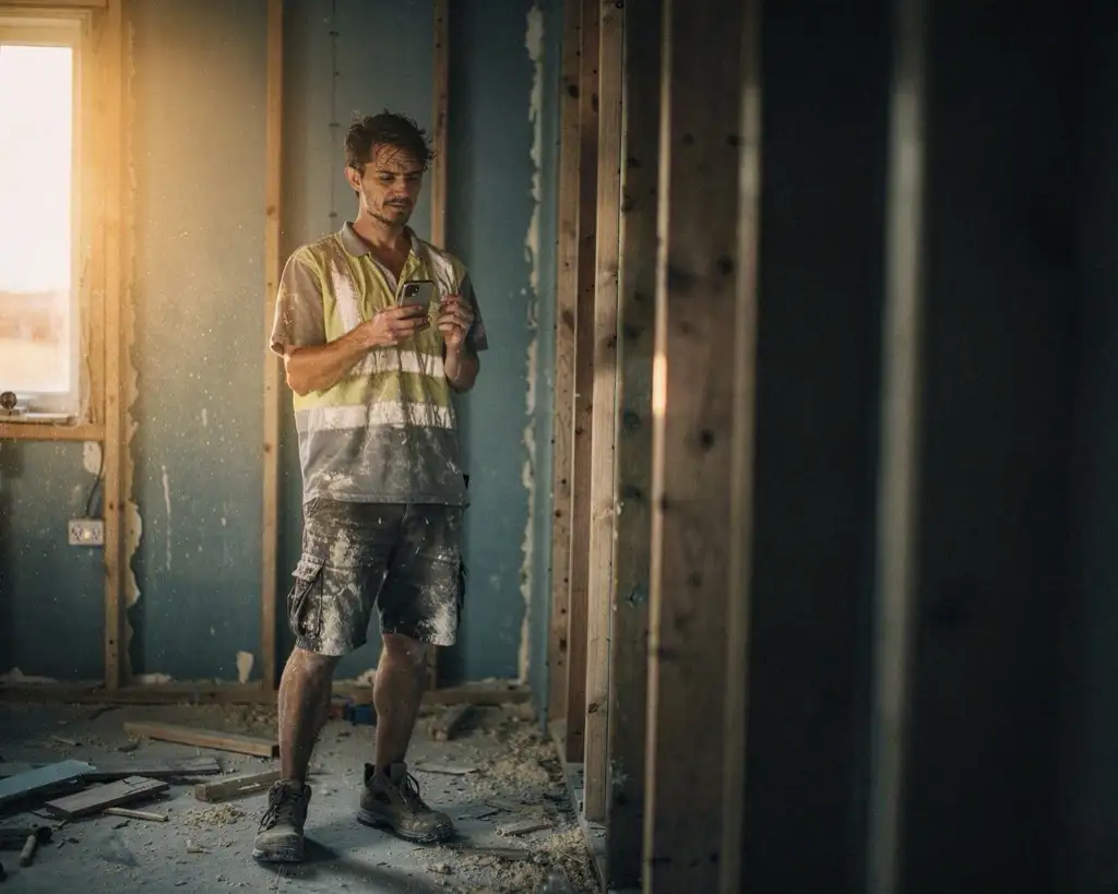 The same tradesman in the same half-finished room, notepad gone, phone in one hand, looking at it with his shoulders down and the number settled.
