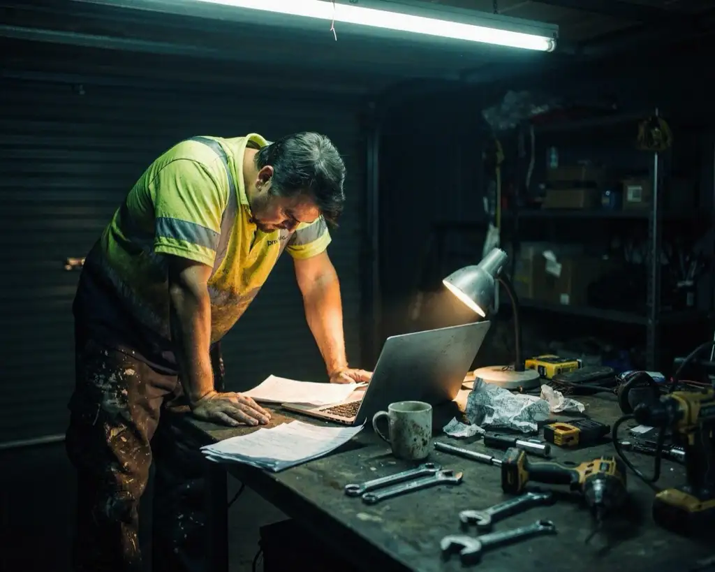 A tradesman still in dusty hi-vis leaning on both fists over a garage workbench at night, an open laptop and loose invoices in front of him under a desk lamp.