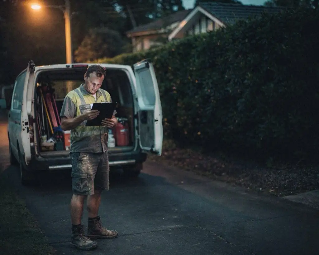 A tradesman standing on the footpath at dusk beside his open van, the job finished behind him, reading a clipboard of paperwork with a flat, tired expression.