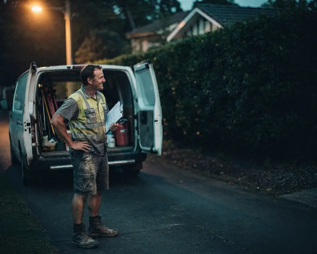 The same tradesman on the same footpath beside the same van, the clipboard down at his side, looking back at the finished job with an easy grin.