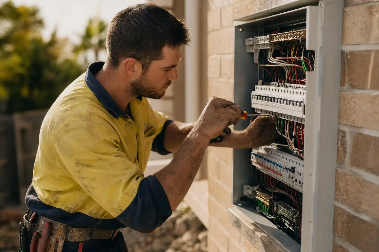 An electrician landing a wire at an open residential switchboard.
